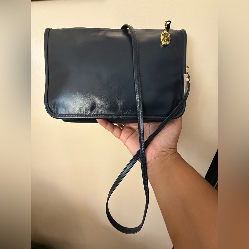 Vintage Etna Talbots Navy Blue Genuine Leather Small Crossbody Bag Purse 9.5x7”O